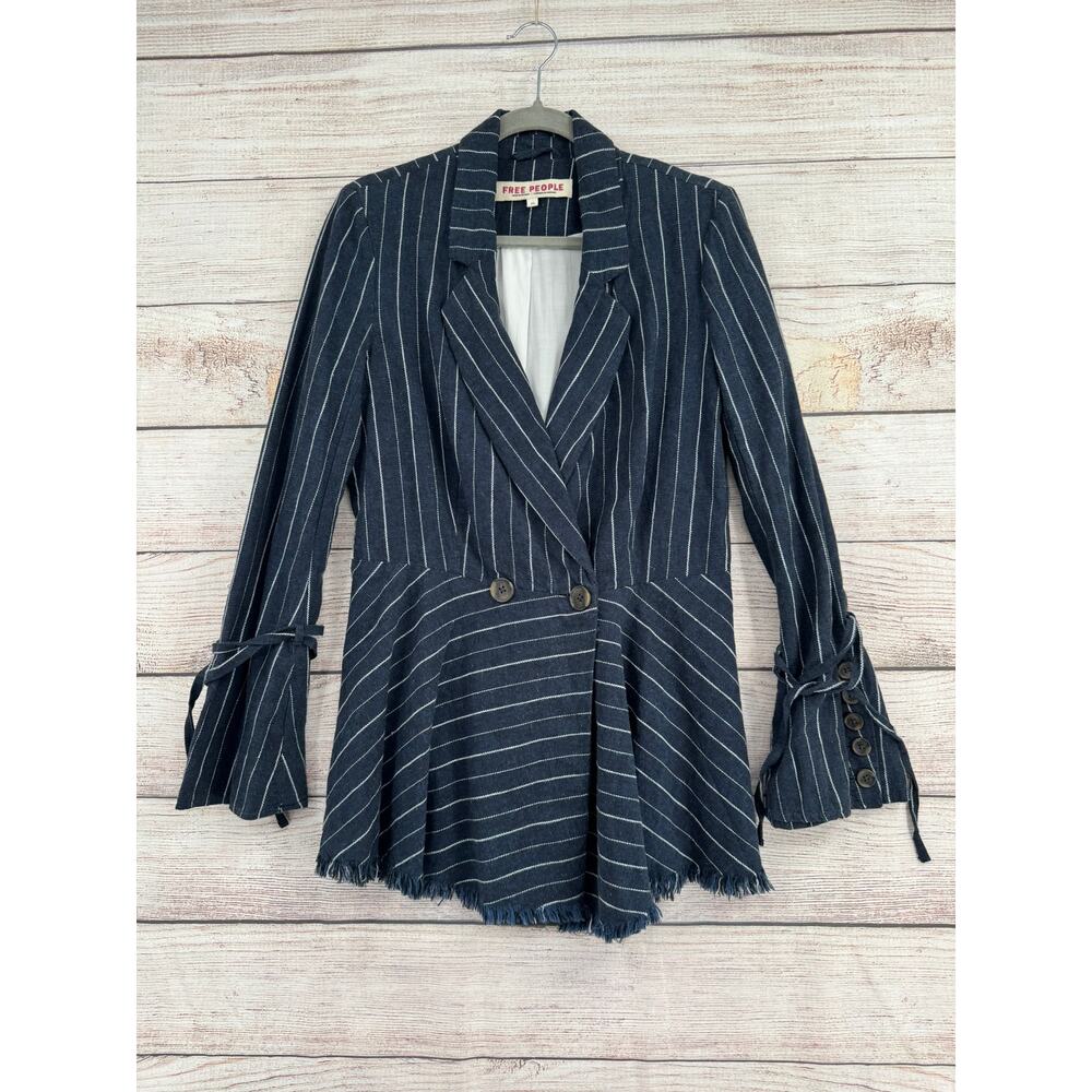 Free People Linen Blend Striped Blazer Womens XS Blue White Flare Wrist